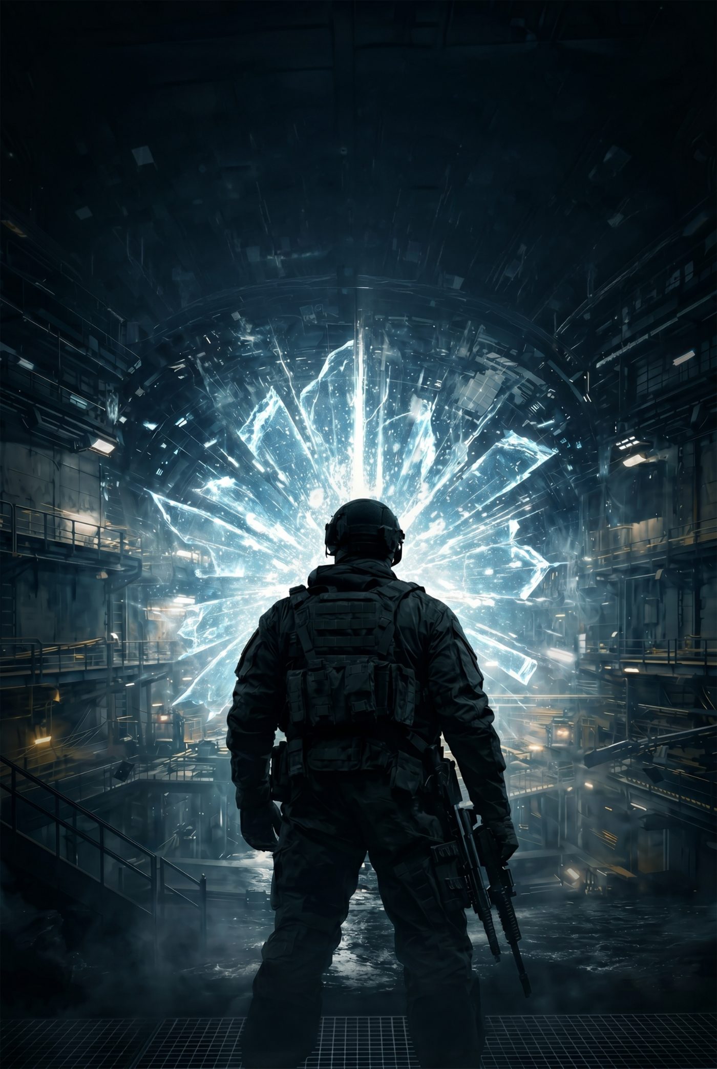 A soldier silhouetted against a reactor burst inside a classified facility